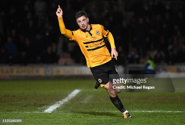 Padraig Amond of Newport County celebrates after scoring his team's first goal during the FA Cup Fifth Round match between Newport County AFC and...