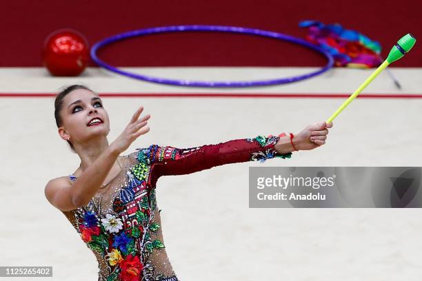 Russian individual rhythmic gymnast Arina Averina performs during the 2019 Alina Kabaeva Gazprom Champions Cup at Moscow's Luzhniki Sports Complex in...