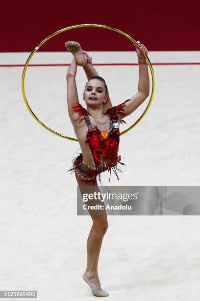 Russian individual rhythmic gymnast Dina Averina performs during the 2019 Alina Kabaeva Gazprom Champions Cup at Moscow's Luzhniki Sports Complex in...