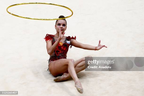 Russian individual rhythmic gymnast Dina Averina performs during the 2019 Alina Kabaeva Gazprom Champions Cup at Moscow's Luzhniki Sports Complex in...