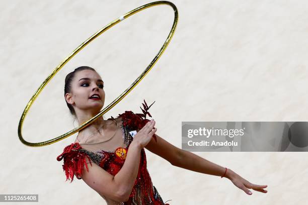 Russian individual rhythmic gymnast Dina Averina performs during the 2019 Alina Kabaeva Gazprom Champions Cup at Moscow's Luzhniki Sports Complex in...