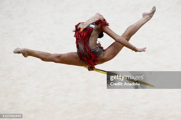 Russian individual rhythmic gymnast Dina Averina performs during the 2019 Alina Kabaeva Gazprom Champions Cup at Moscow's Luzhniki Sports Complex in...