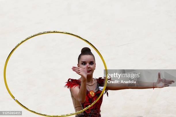 Russian individual rhythmic gymnast Dina Averina performs during the 2019 Alina Kabaeva Gazprom Champions Cup at Moscow's Luzhniki Sports Complex in...