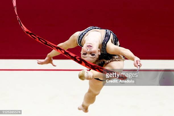 Individual rhythmic gymnast Valerie Romenski of France performs during the 2019 Alina Kabaeva Gazprom Champions Cup at Moscow's Luzhniki Sports...