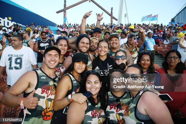 Stacey Waaka of the Black Ferns Sevens celebrates with her supporters after winning against France during day two of the 2019 Hamilton Sevens at FMG...