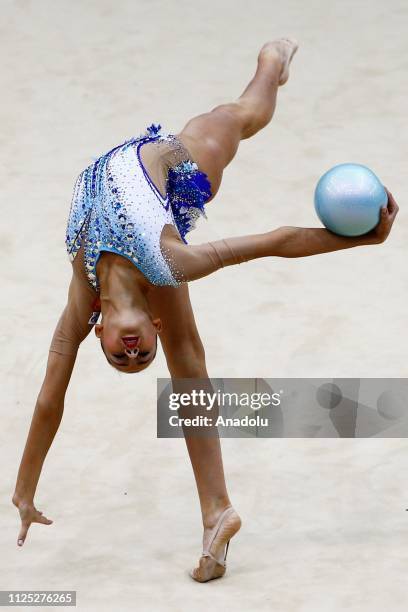 Russian individual rhythmic gymnast Daria Trubnikova performs during the 2019 Alina Kabaeva Gazprom Champions Cup at Moscow's Luzhniki Sports Complex...