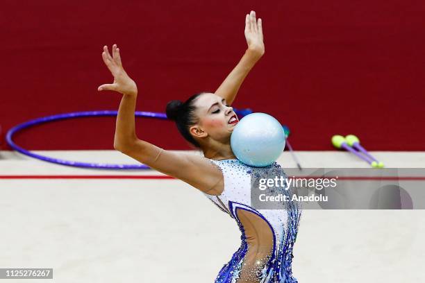 Russian individual rhythmic gymnast Daria Trubnikova performs during the 2019 Alina Kabaeva Gazprom Champions Cup at Moscow's Luzhniki Sports Complex...