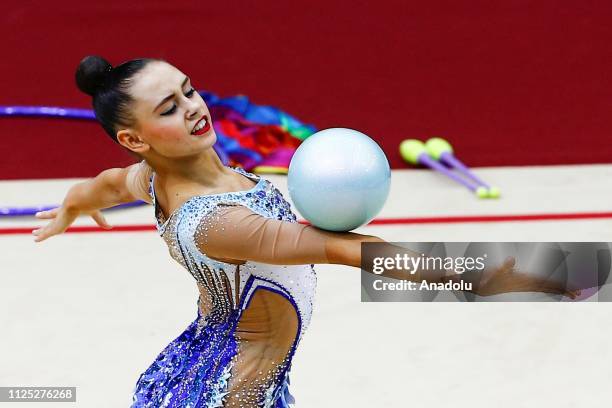 Russian individual rhythmic gymnast Daria Trubnikova performs during the 2019 Alina Kabaeva Gazprom Champions Cup at Moscow's Luzhniki Sports Complex...