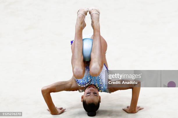 Russian individual rhythmic gymnast Daria Trubnikova performs during the 2019 Alina Kabaeva Gazprom Champions Cup at Moscow's Luzhniki Sports Complex...