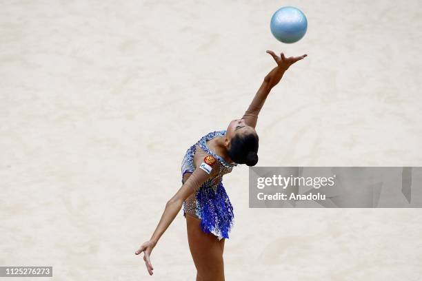 Russian individual rhythmic gymnast Daria Trubnikova performs during the 2019 Alina Kabaeva Gazprom Champions Cup at Moscow's Luzhniki Sports Complex...