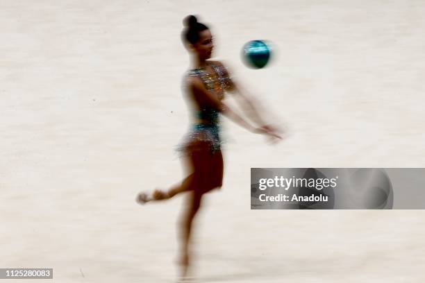 Russian individual rhythmic gymnast Yekaterina Selezneva performs during the 2019 Alina Kabaeva Gazprom Champions Cup at Moscow's Luzhniki Sports...