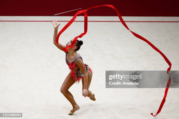 Individual rhythmic gymnast Rebecca Gergalo of Finland performs during the 2019 Alina Kabaeva Gazprom Champions Cup at Moscow's Luzhniki Sports...