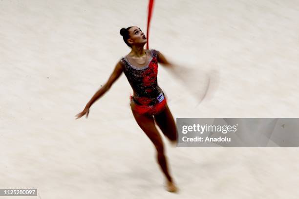 Individual rhythmic gymnast Rebecca Gergalo of Finland performs during the 2019 Alina Kabaeva Gazprom Champions Cup at Moscow's Luzhniki Sports...