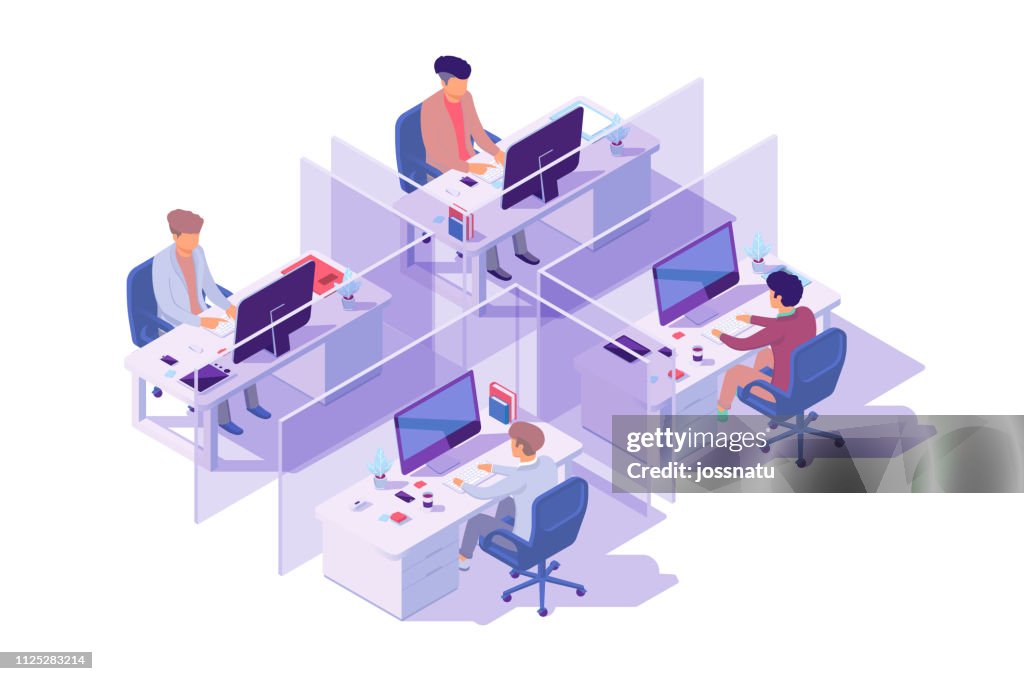 Isometric 3d workplace with four sections and businessman programmer at computer.