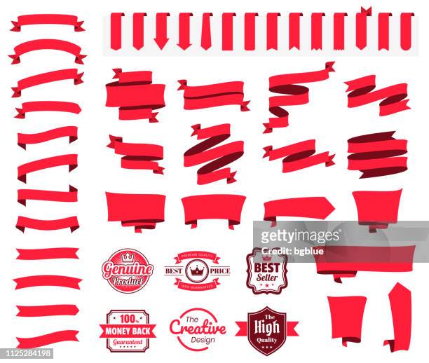 赤いリボン、バナー、バッジ、ラベル - 白い背景のデザイン要素のセット - スタンプ　リボン点のイラスト素材／クリップアート素材／マンガ素材／アイコン素材