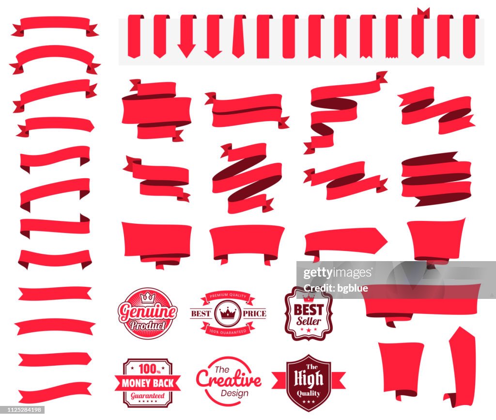 Set of Red Ribbons, Banners, badges, Labels - Design Elements on white background