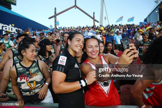 Stacey Waaka of the Black Ferns Sevens takes selfies with her supporters after day two of the 2019 Hamilton Sevens at FMG Stadium on January 27, 2019...