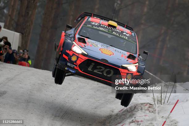 Andreas Mikkelsen of Norway and Anders Jaeger of Norway compete in their Hyundai Shell Mobis WRT Hyundai i20 Coupe WRC during Day Two of the WRC...