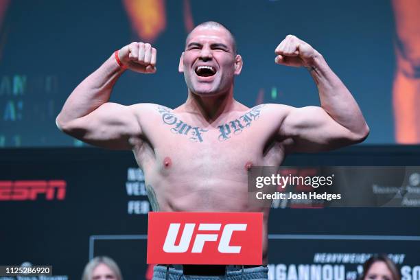 Cain Velasquez poses on the scale during the UFC Fight Night weigh-in at Comerica Theatre on February 16, 2019 in the Phoenix, Arizona.