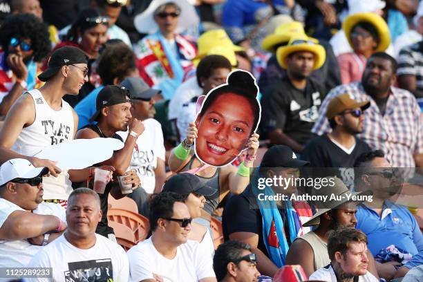 Fans showing support for Tyla Nathan-Wong of the Black Ferns Sevens during day two of the 2019 Hamilton Sevens at FMG Stadium on January 27, 2019 in...