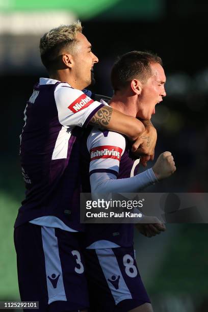 Neil Kilkenny of the Glory celebrates a goal with Jason Davidson during the round 16 A-League match between the Perth Glory and the Newcastle Jets at...