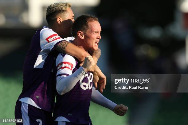 Neil Kilkenny of the Glory celebrates a goal with Jason Davidson during the round 16 A-League match between the Perth Glory and the Newcastle Jets at...