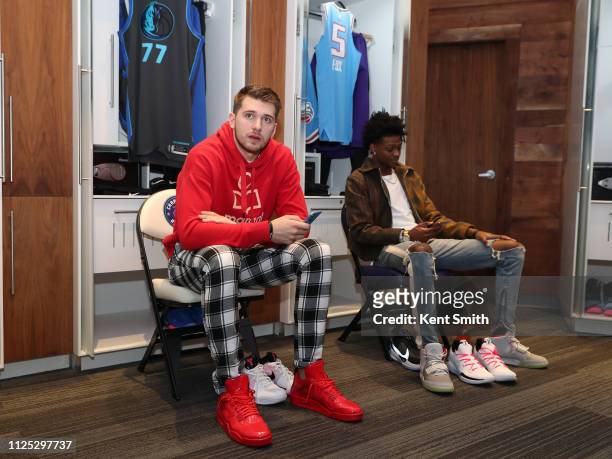 Luka Doncic of the Dallas Mavericks in the locker room before the 2019 Taco Bell Skills Challenge as part of the State Farm All-Star Saturday Night...