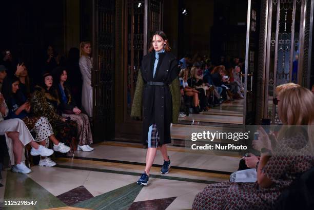 Model walks the runway at the Jolin Wu show during London Fashion Week February 2019 at the Freemasons Hall on February 16, 2019 in London, England.