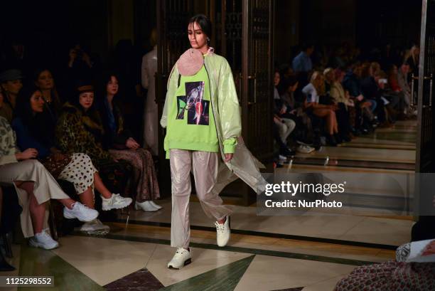 Model walks the runway at the Jolin Wu show during London Fashion Week February 2019 at the Freemasons Hall on February 16, 2019 in London, England.