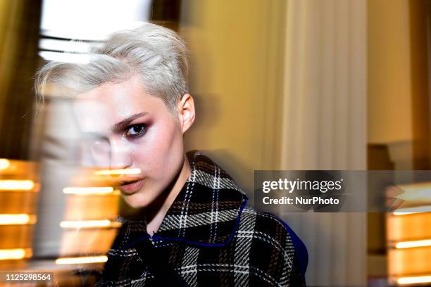 Models backstage ahead of the Jolin Wu show during London Fashion Week February 2019 at the Freemasons Hall on February 16, 2019 in London, England.