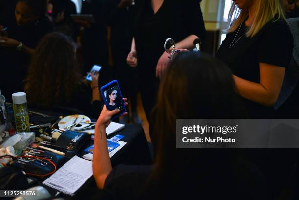 Models backstage ahead of the Jolin Wu show during London Fashion Week February 2019 at the Freemasons Hall on February 16, 2019 in London, England.