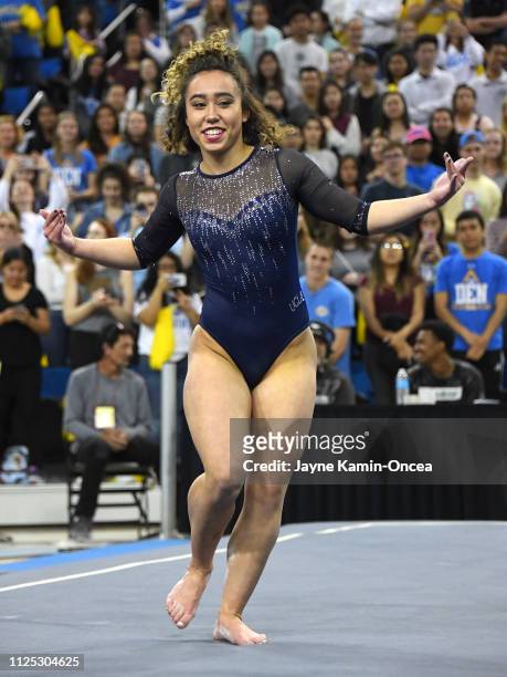 Bruins gymnast Katelyn Ohashi during her floor exercise routine where she scored perfect 10 in the meet against the Arizona Wildcats at Pauley...