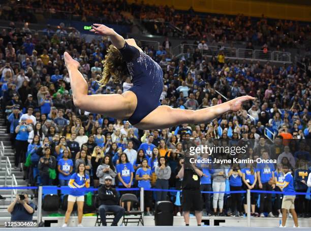 Bruins gymnast Katelyn Ohashi during her floor exercise routine where she scored perfect 10 in the meet against the Arizona Wildcats at Pauley...