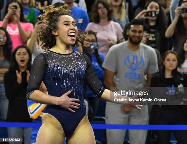 Bruins gymnast Katelyn Ohashi during her floor exercise routine where she scored perfect 10 in the meet against the Arizona Wildcats at Pauley...