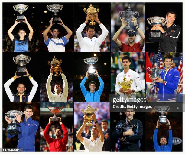 This composite image shows the 15 Grand Slam titles Novak Djokovic has won from his first the 2008 Australian Open to the 2019 Australian Open