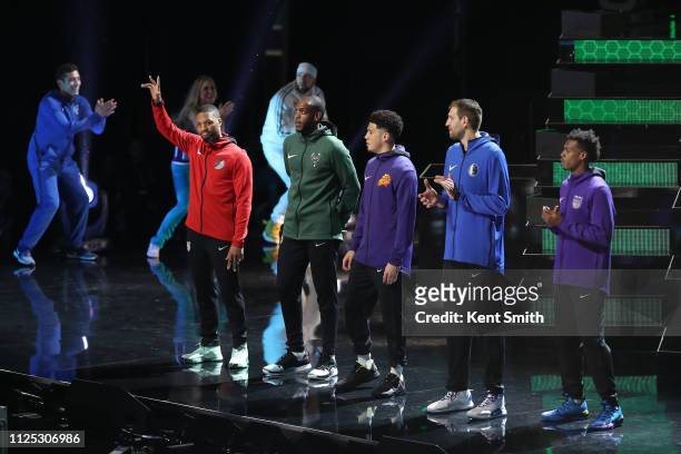 Damian Lillard of the Portland Trail Blazers gets introduced before the 2019 Mtn Dew 3-Point Contest as part of the State Farm All-Star Saturday...