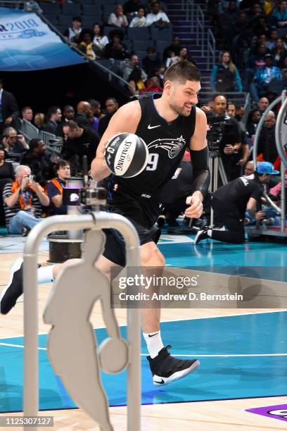 Nikola Vucevic of the Orlando Magic handles the ball during the 2019 Taco Bell Skills Challenge as part of the State Farm All-Star Saturday Night on...