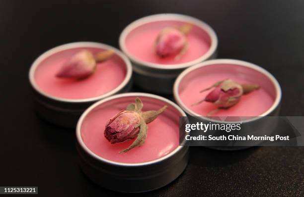 The finished product of rose solid perfume demonstrated by Sabrina Lo Ming-yan from Sabrina Secret D.I.Y Skincare Workshop in Causeway Bay. 29MAR12