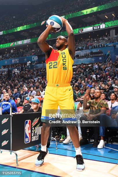 Khris Middleton of the Milwaukee Bucks shoots the ball during the 2019 Mtn Dew 3-Point Contest as part of the State Farm All-Star Saturday Night on...