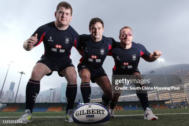 Stephen Nolan, Thomas Bolland and Ian Ridgway, new-look front row for HK's Asian 5 Nations rugby campaign at the Hong Kong Football Club.18APR12