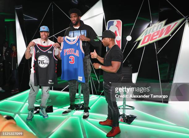 Hall of Famer Allen Iverson, NBA All- Star Joel Embiid and Charlamagne Tha God on stage at MTN DEW ICE Courtside Studios during NBA All-Star 2019 at...