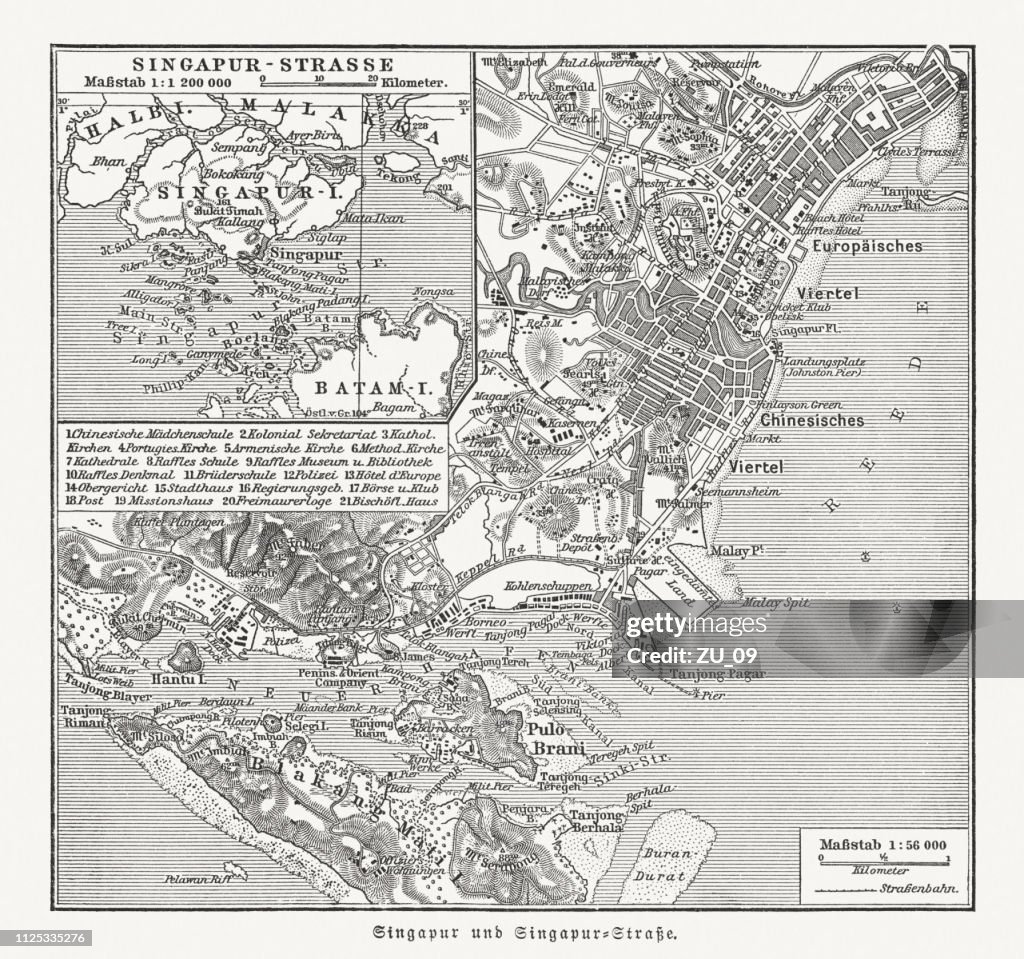 Historical city map of Singapore and Singapore Strait, published 1897