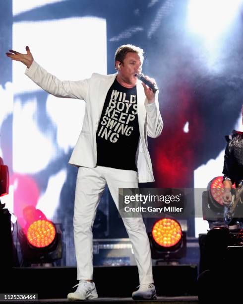 Simon Le Bon of Duran Duran performs in concert during the sold out inaugural KAABOO Cayman Festival at Seven Mile Beach on February 15, 2019 in...