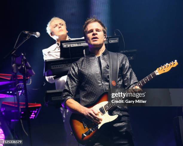 February 16: Nick Rhodes and Dominic Brown of Duran Duran perform in concert during the sold out inaugural KAABOO Cayman Festival at Seven Mile Beach...