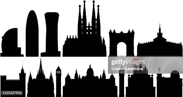 illustrazioni stock, clip art, cartoni animati e icone di tendenza di skyline di barcellona (tutti gli edifici sono completi e spostabili) - sagrada familia