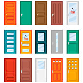 Colorful front doors to houses and buildings set in flat design style. Set of color door icons, vector illustration. Colourful realistic front doors collection