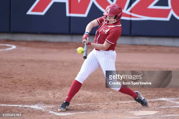 Alabama Crimson Tide outfielder Kaylee Tow hits the ball during a college softball game between the Alabama Crimson Tide and the Cal State Fullerton...