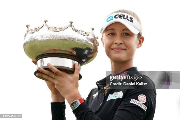 Nelly Korda of the United States celebrates with the trophy during day four of the 2019 ISPS Handa Women's Australian Open at The Grange GC on...