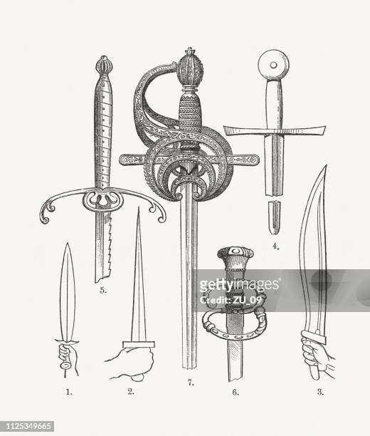 ilustraciones, imágenes clip art, dibujos animados e iconos de stock de diferentes tipos de espadas históricas, grabados en madera, publicados en 1897 - circa 14th century