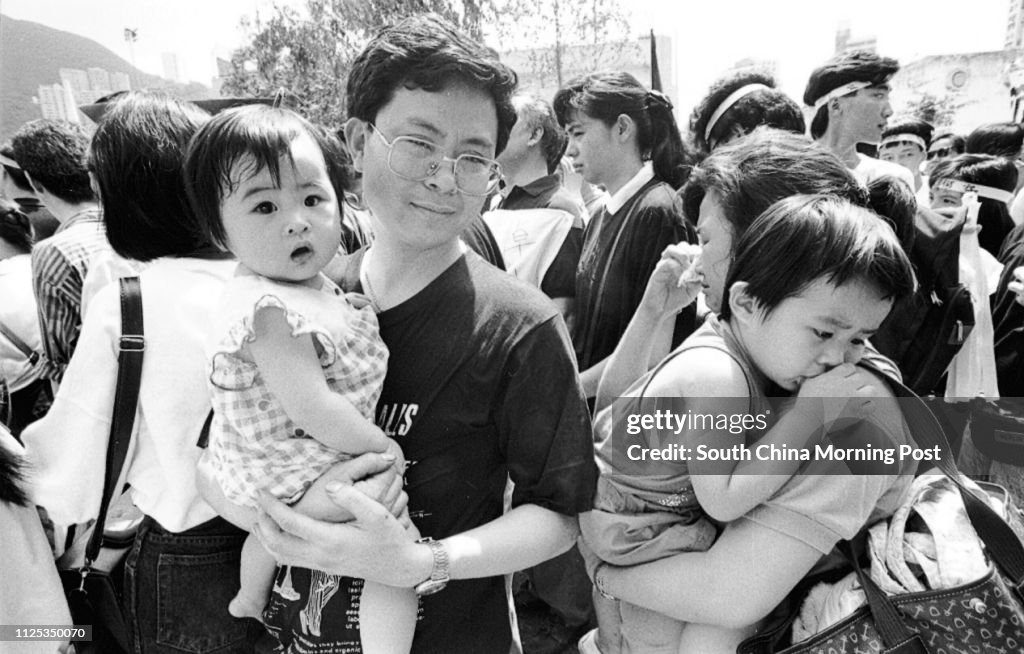 Hundreds of thousands of aggrieved residents in Hong Kong join rallies to mourn the pro-democracy demonstrators in Beijing who were massacred by the Chinese Government today. Pictured is a rally held at the Happy Valley Racecourse. 04JUN89
